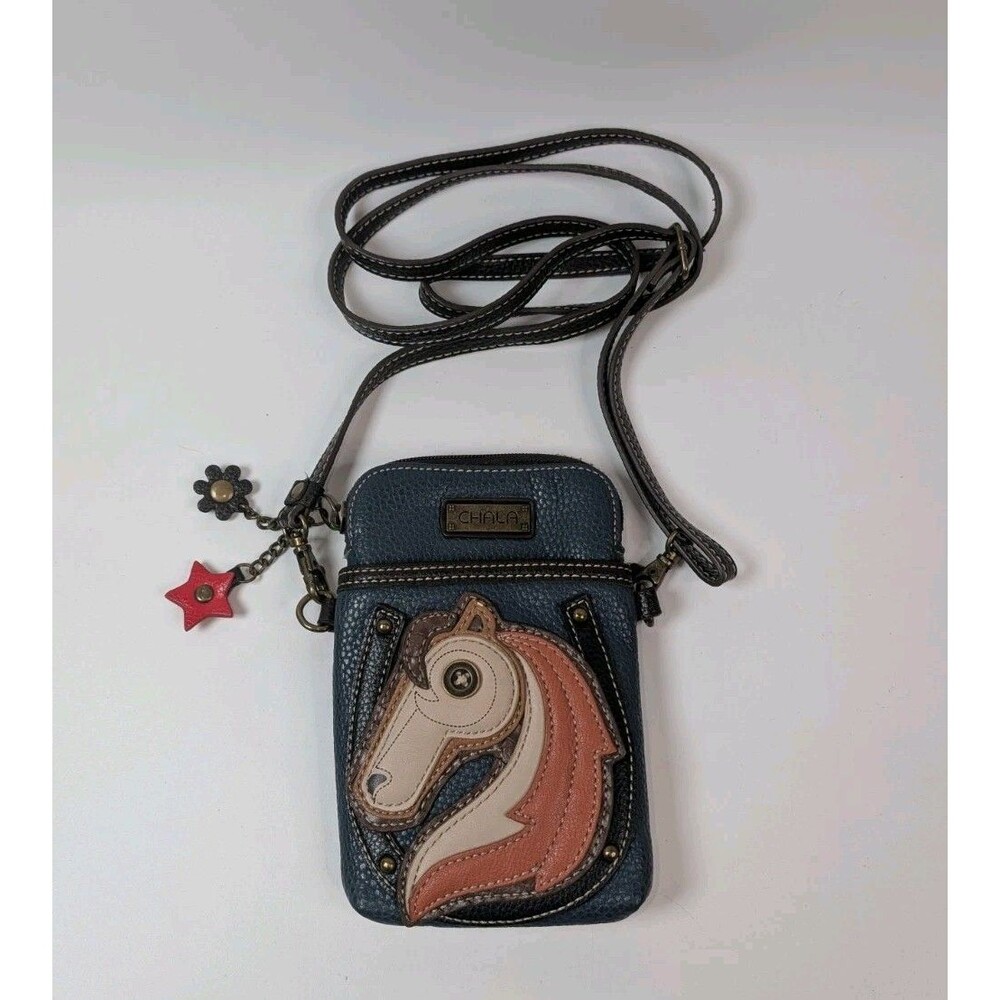 CHALA Horse Cell Phone Crossbody Bag Blue Faux Leather Mini Purse Adjustable